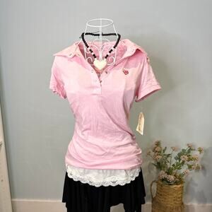 NWT Cute vintage y2k pink tight v neck polo button up baby tee